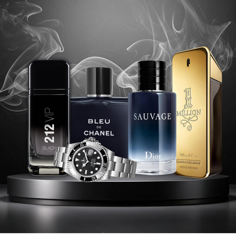 PAGA 1 Y OBTÉN 4 + RELOJ - Kit de Perfumes Premium Masculino (100 ml) - 212 VIP Black & Bleu de Chanel & Sauvage & 1Million & Rolex SUB